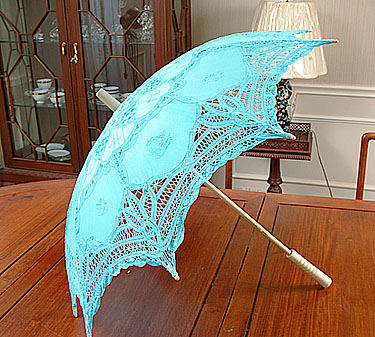 Aquarius Blue battenburg lace parasol. 16" ( 32" Full Open)